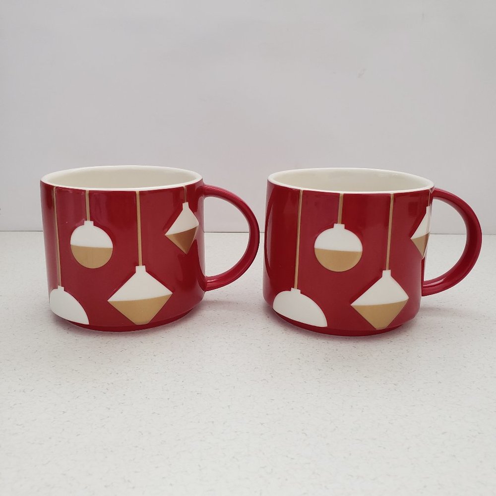 STARBUCKS 2012Holiday Ornaments Red Ceramic Mugs 14 Oz Set of 2